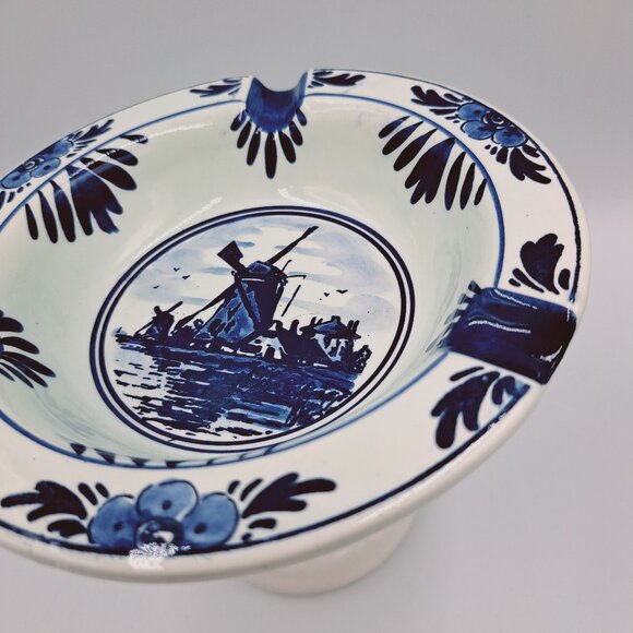 Vintage Blue Delft Hand Painted Holland Dutch Windmill House Ceramic Ashtray - Picture 3 of 9